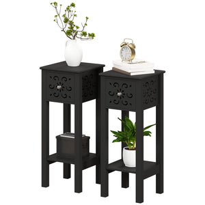 Set of 2 side tables with drawer and open storage shelf, black