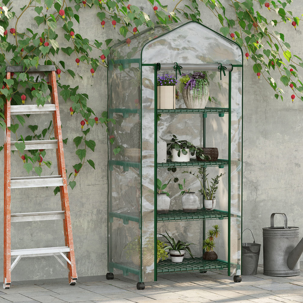 Portable greenhouse with 4 shelves and wheels