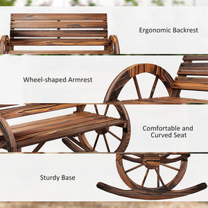 Two-seater outdoor wooden rocking bench with wagon wheel shaped armrests