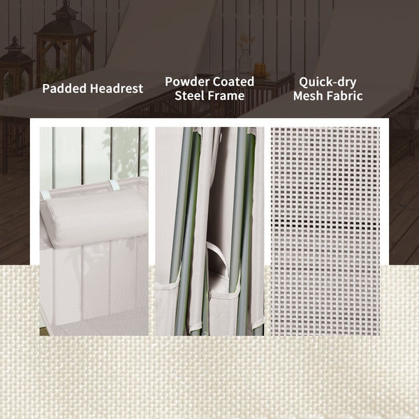 Set of 2 folding lounge chairs with cushion and reclining backrest, cream white