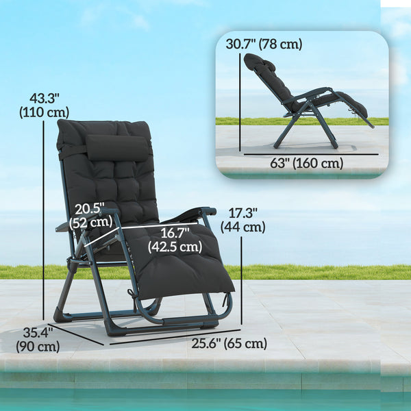 Set of 2 Folding Garden Chairs, Zero Gravity Reclining with Cushion and Headrest, Black
