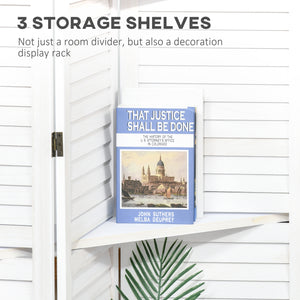 4-panel room divider with 3 storage shelves, white