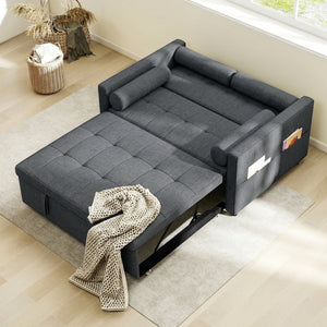 Dark grey two-seater linen trundle sofa bed with USB ports
