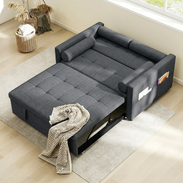 Dark grey two-seater linen trundle sofa bed with USB ports
