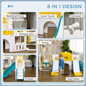 8-in-1 Slide and Swing Set with Basketball Hoop, Climber and Steering Wheel, Yellow