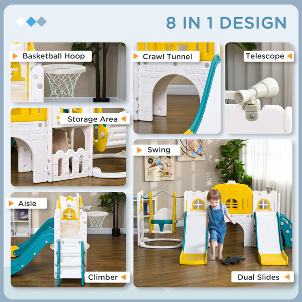 8-in-1 Slide and Swing Set with Basketball Hoop, Climber and Steering Wheel, Yellow