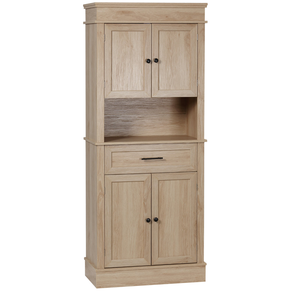 Modern kitchen cabinet with doors, open and adjustable shelves, oak