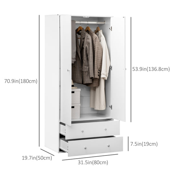 Modern wardrobe with 2 drawers and hanging rail, white