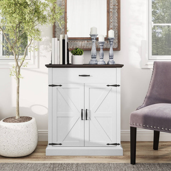 Country style sideboard, with 3 cm thick top, 2 barn doors, drawer and adjustable shelf, white