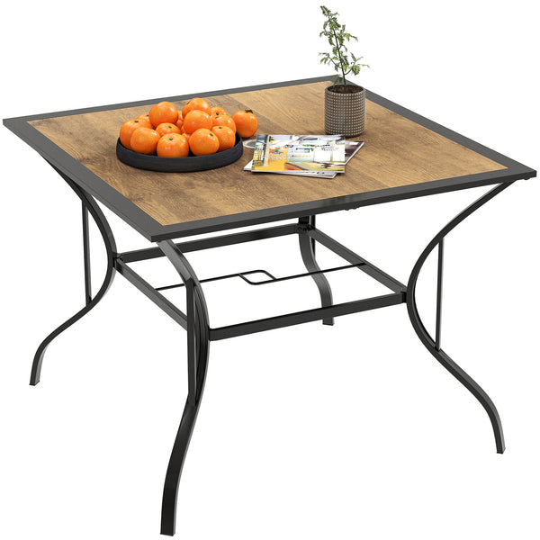 Square garden table with parasol hole, brown