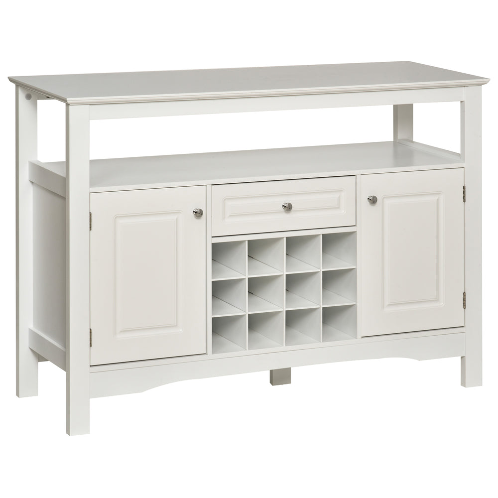 Modern kitchen sideboard with drawer and 12-bottle wine rack, white.