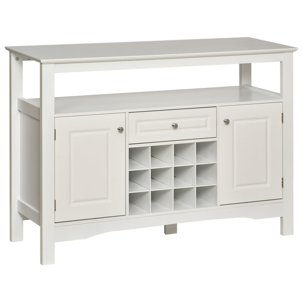 Modern kitchen sideboard with drawer and 12-bottle wine rack, white.