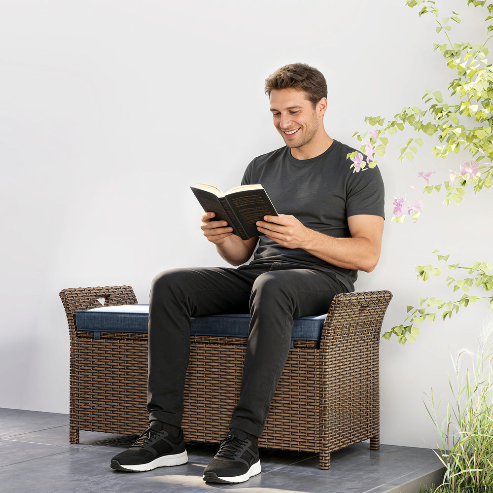2-in-1 outdoor wicker storage bench with handles and cushion, navy blue