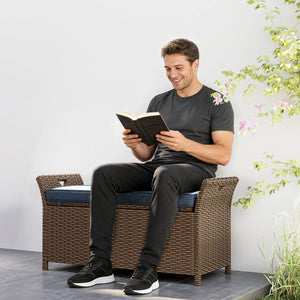 2-in-1 outdoor wicker storage bench with handles and cushion, navy blue
