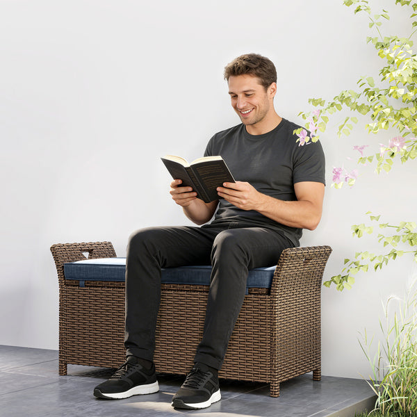 2-in-1 outdoor wicker storage bench with handles and cushion, navy blue