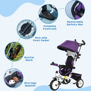 6 in 1 Tricycle with Basket, Canopy, 5-Point Safety Harness, Purple