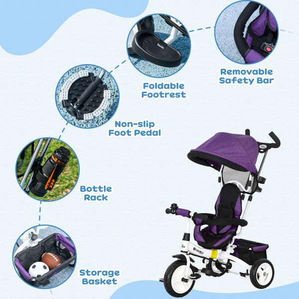 6 in 1 Tricycle with Basket, Canopy, 5-Point Safety Harness, Purple