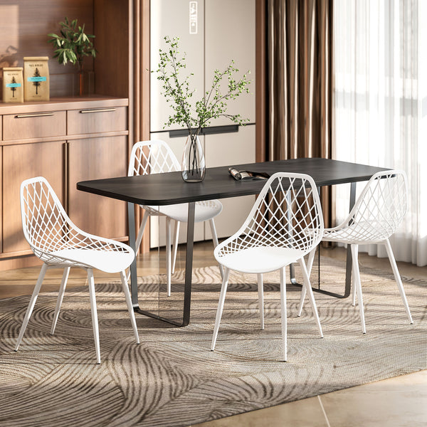 Set of 4 modern plastic dining chairs with hollow back and metal legs, white