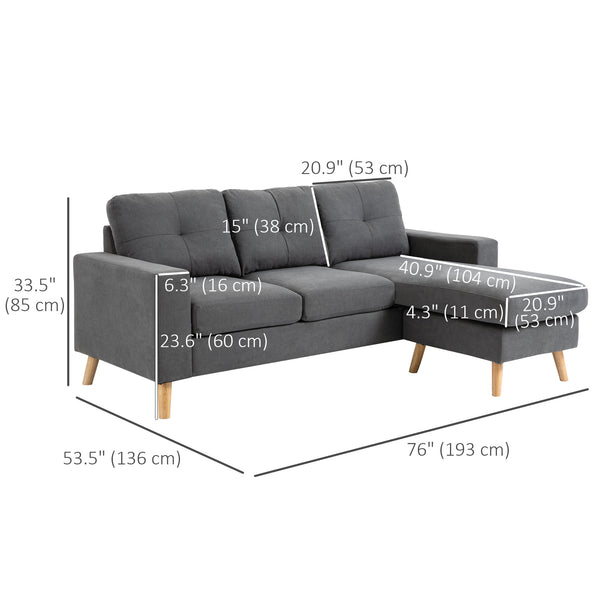Sectional sofa with reversible chaise longue, wooden legs, dark gray