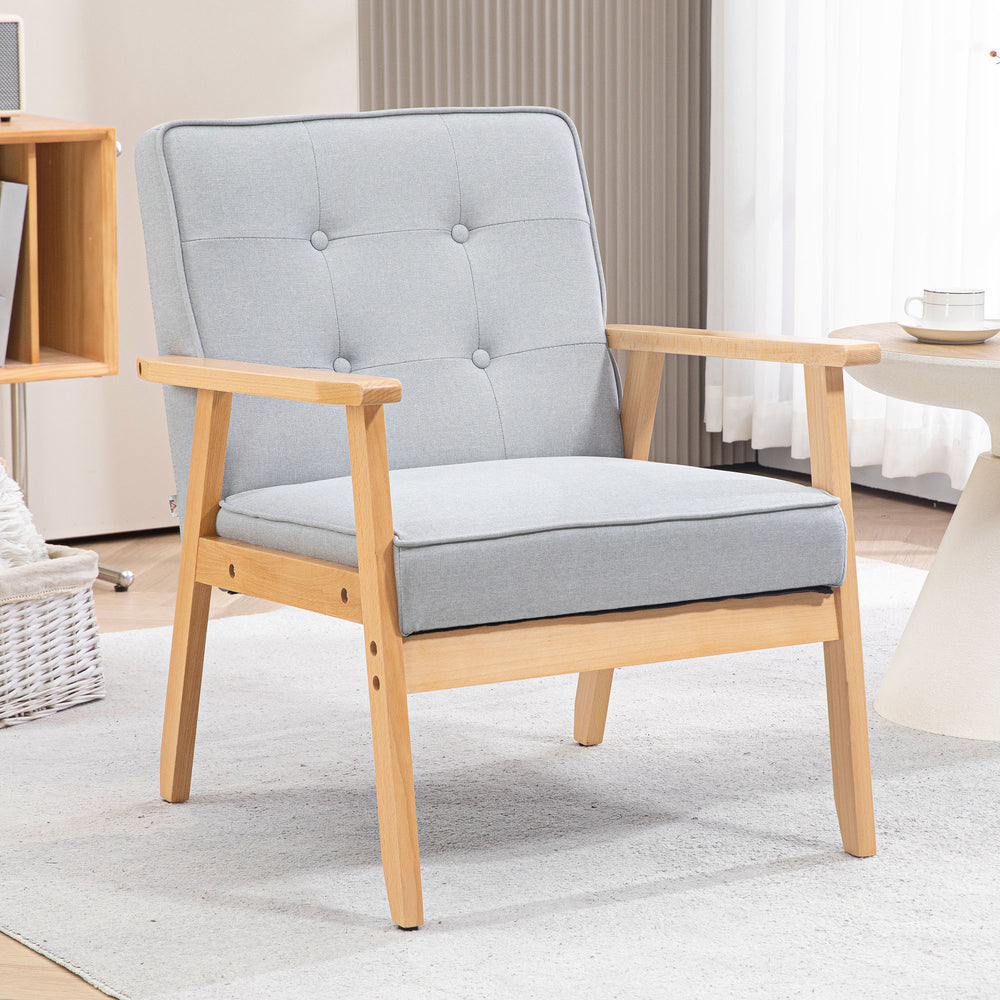Accent chair with tufted back and wooden legs, light grey