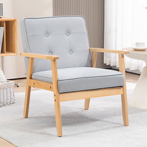 Accent chair with tufted back and wooden legs, light grey