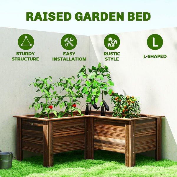 L-shaped raised wooden planter