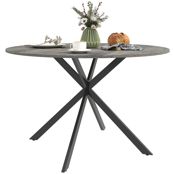 Round kitchen table for 4 people with steel legs, gray and black wood grain