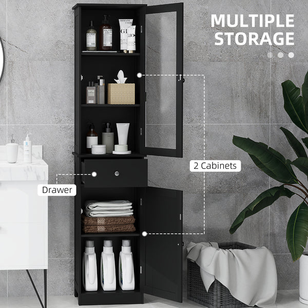 Tall bathroom cabinet with drawers, 2 doors and adjustable shelves, black