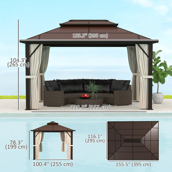 10' x 13' Hardtop Gazebo with UPF30+ Polycarbonate Double Roof, Aluminum Frame, Netting &amp; Curtains, Beige