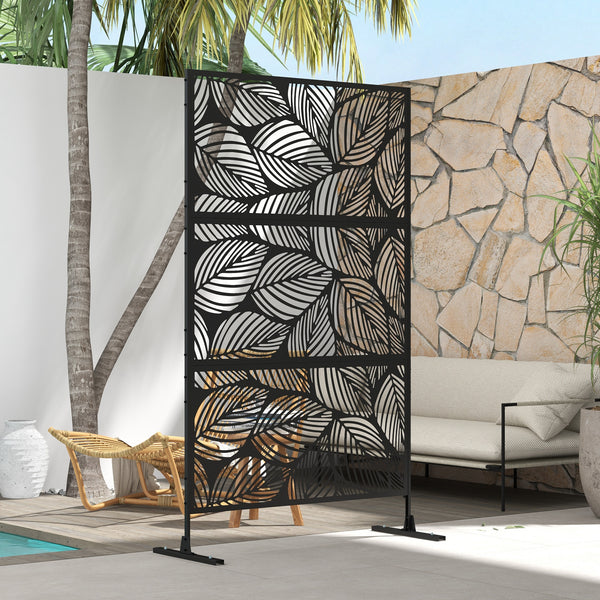 Decorative outdoor metal screen with stand, leaf pattern, black