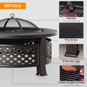 Outdoor Fire Pit with Grill, Mesh Lid, Poker, for Camping, Bonfire, Picnic, Bronze