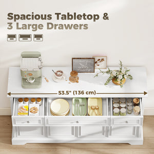Kitchen storage sideboard with soft-close doors, 3 drawers, and 2 adjustable shelves, white