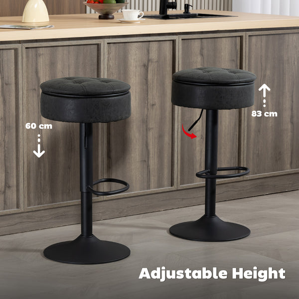 Set of 2 swivel bar stools with storage, faux leather upholstery, footrest, steel base, black