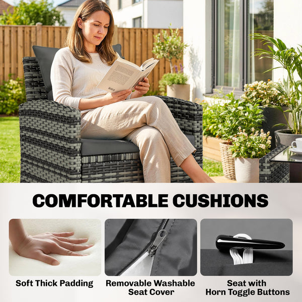 4-piece wicker resin conversation set with a two-seater sofa, chairs and a two-tier table with cushions, dark gray.