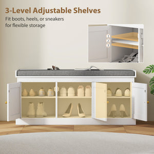 Entrance bench with woven rattan doors and cushion, white