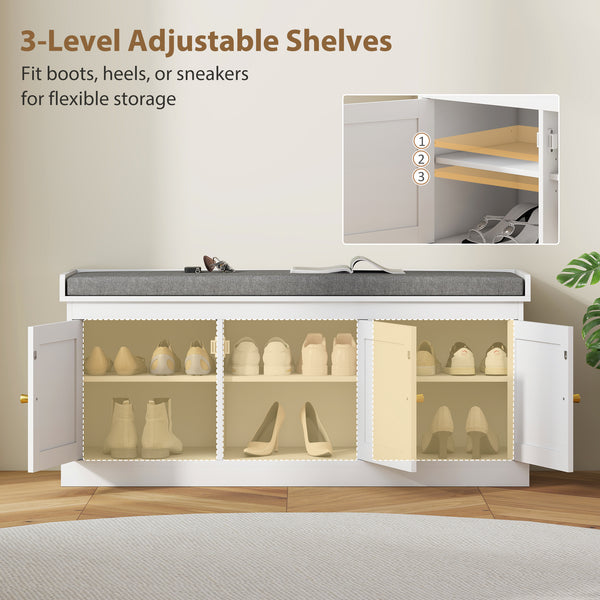 Entrance bench with woven rattan doors and cushion, white