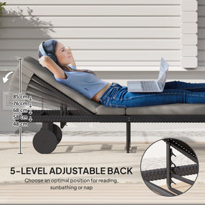 Synthetic rattan garden lounge chair with 5-way adjustable backrest, wheels and cushion, grey