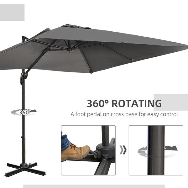 9ft Cantilever Patio Umbrella, Square Overhanging Umbrella with Cross Base, Crank Handle, Tilt, 360° Rotation and Aluminum Frame, Dark Gray
