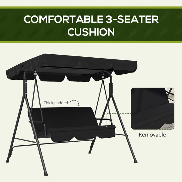 3-Seater Outdoor Porch Swing with Adjustable Canopy, Patio Swing Chair for Garden, Poolside, Backyard, Black