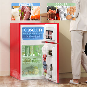 3.2 cu. ft. Compact Refrigerator, Mini Fridge with Freezer, Adjustable Shelves and Reversible Doors, Red