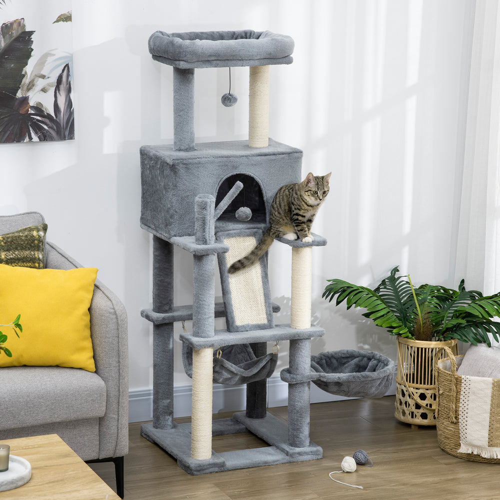 55" Cat Tree with Bed, Ramp, Hammock, Hanging Toys, Sisal Rope Scratching Post, Grey