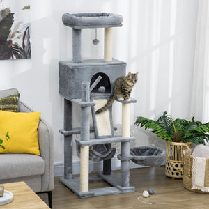 55" Cat Tree with Bed, Ramp, Hammock, Hanging Toys, Sisal Rope Scratching Post, Grey