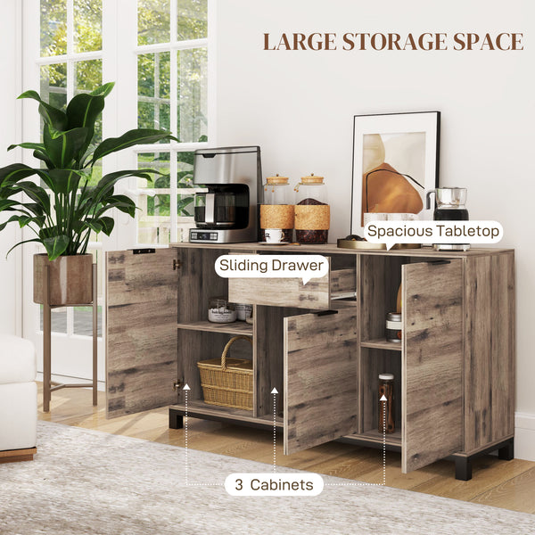 Industrial Sideboard with 3 47" Doors, Drawer and 2 Adjustable Shelves for Living Room, Brown Wood Grain