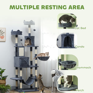 Large 205cm Cat Tree with Scratching Posts, Cabins, Beds, Hammocks, Dark Grey
