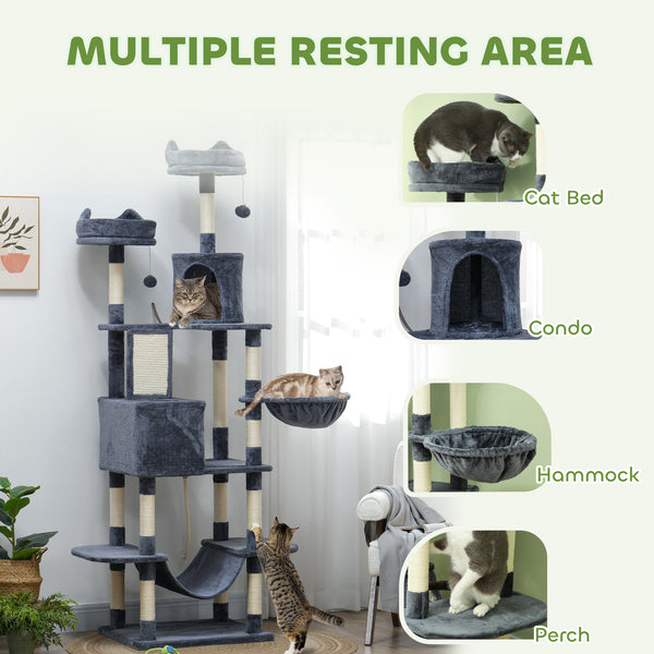 Large 205cm Cat Tree with Scratching Posts, Cabins, Beds, Hammocks, Dark Grey