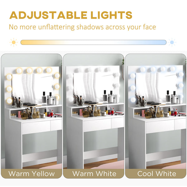 Dressing table with LED lighting mirror and drawers, white