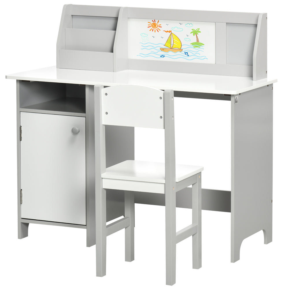 Kids Desk and Chair Set with Whiteboard, Storage and Shelves, Grey