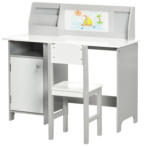 Kids Desk and Chair Set with Whiteboard, Storage and Shelves, Grey