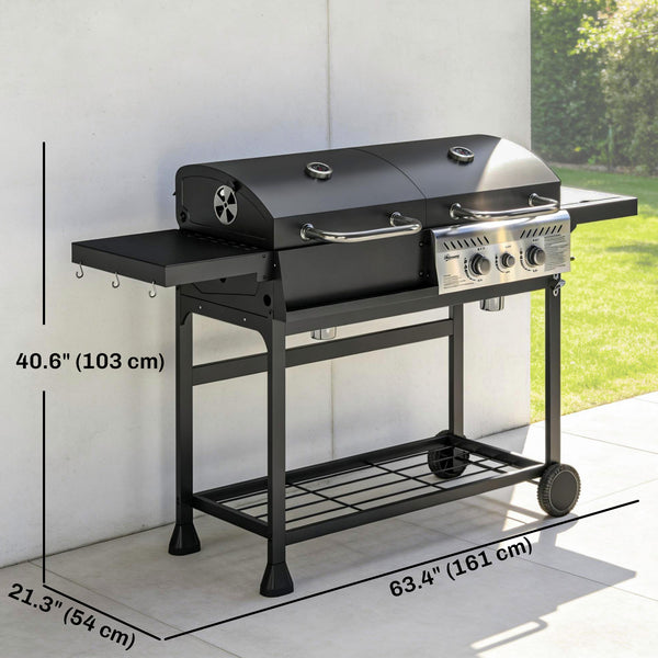 Dual fuel BBQ, charcoal and gas burners, black