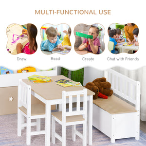 4 Piece Kids Set, Table, Chair, Wooden Bench, Natural and White